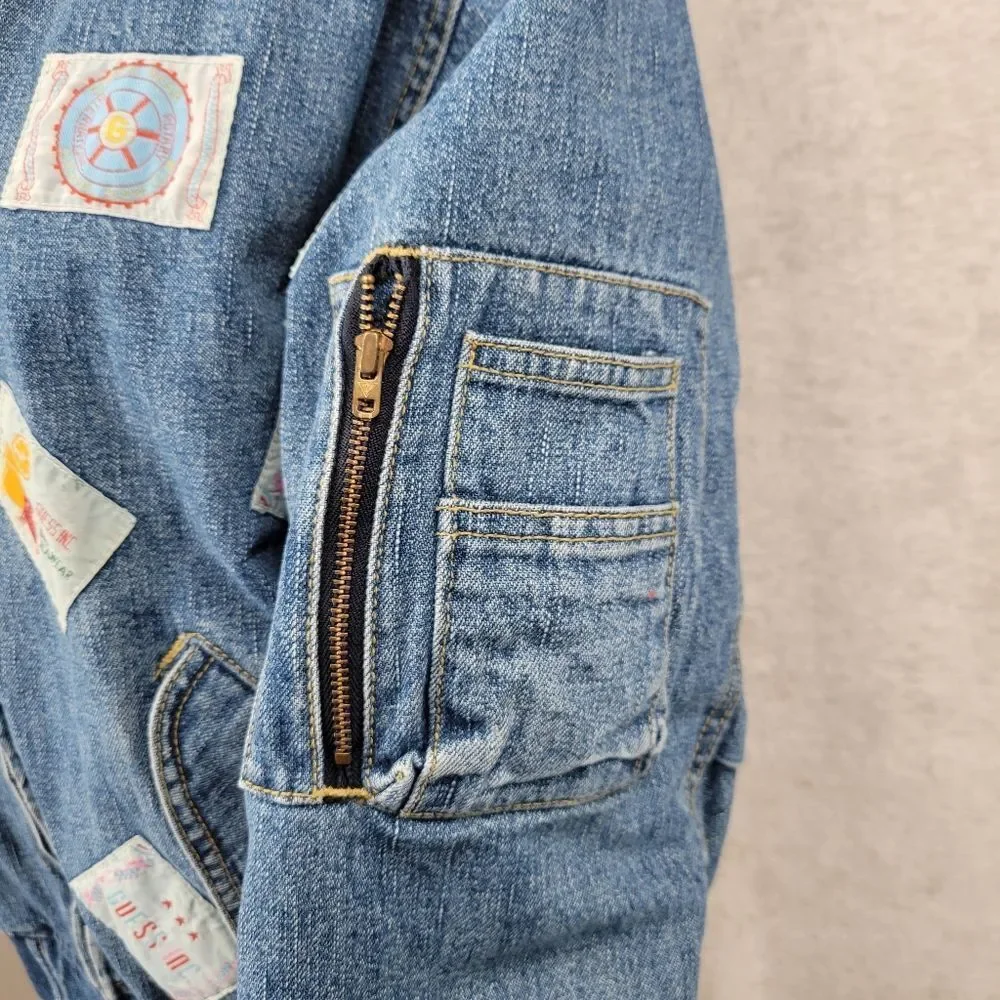 Guess Georges Marciano Vintage 80s Denim Bomber Jacket with Logo Patches RARE